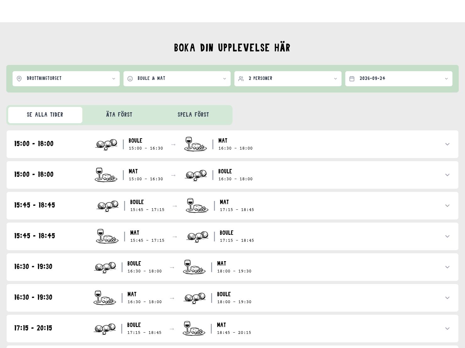 The Boulebar booking flow: venue, experience, party size and date, and below it the open slots, with boule and food in either order