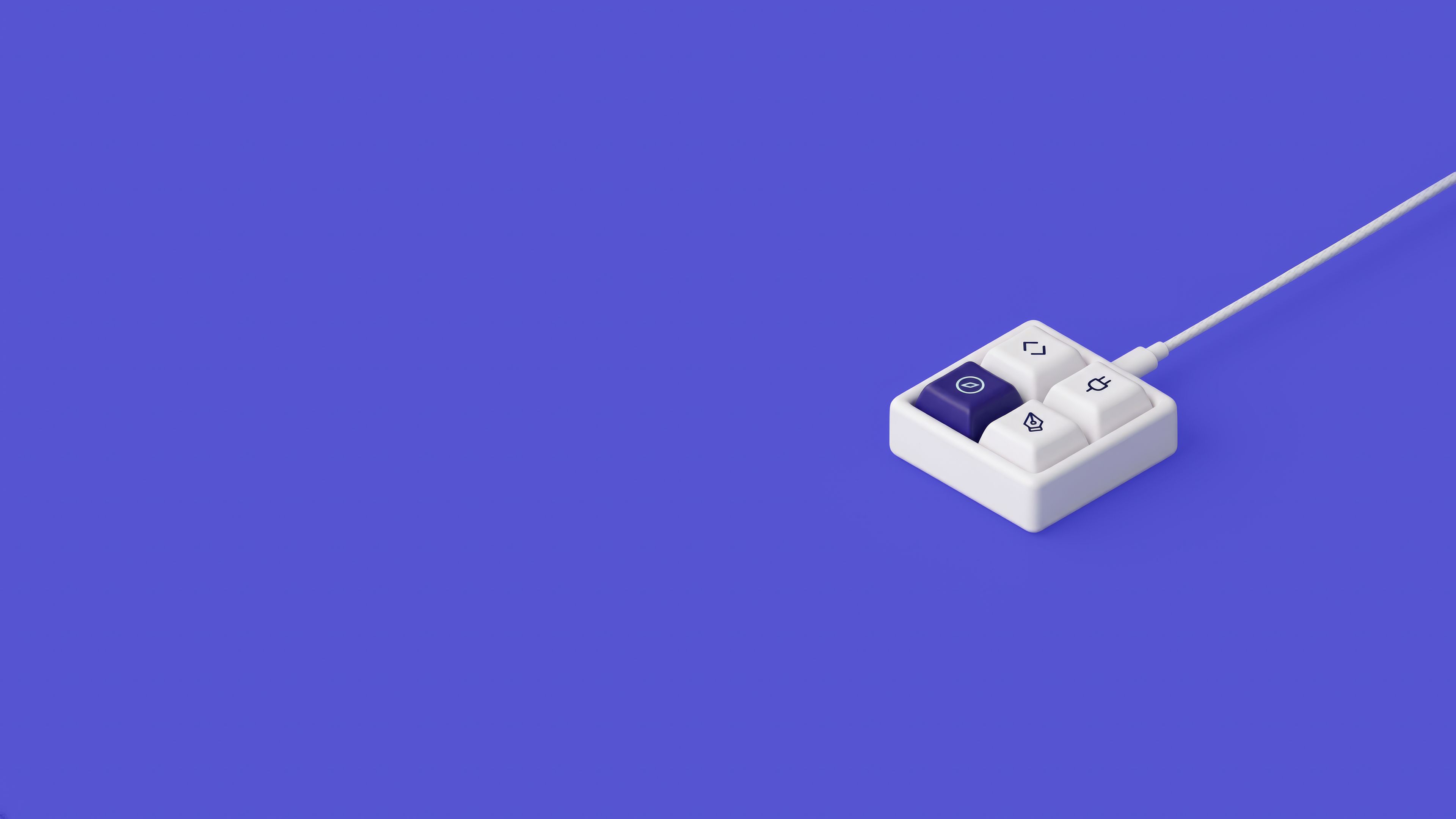 A small white four-key keypad on a purple ground, one key in deep purple